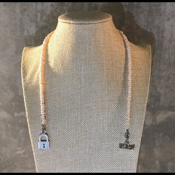 Pearl and 925 Sterling Silver Lock & Key Necklace - Picture 3 of 3